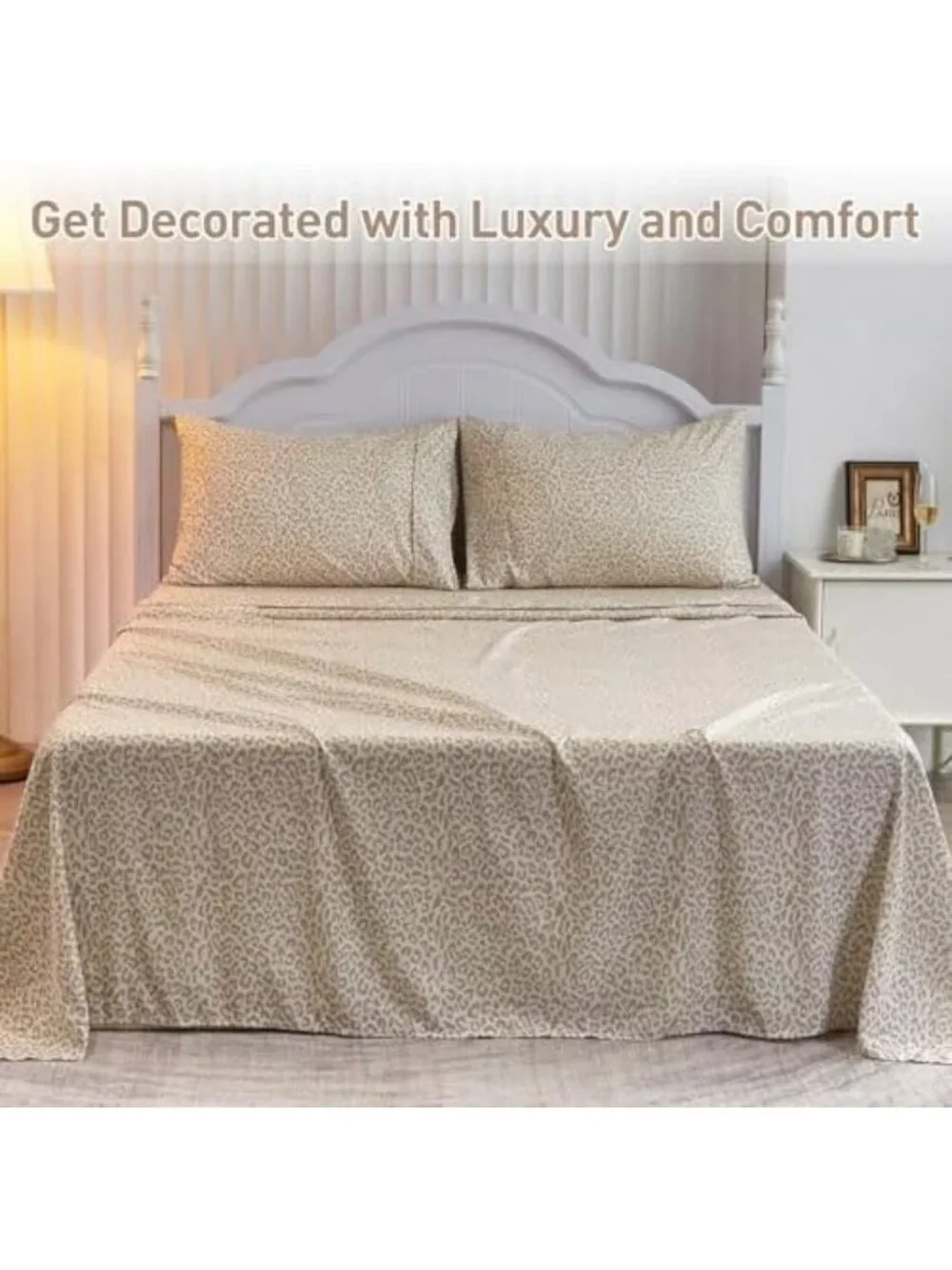 Leopard Print Queen Sheets Set, Soft Microfiber Cheetah Bedding, Beige Color